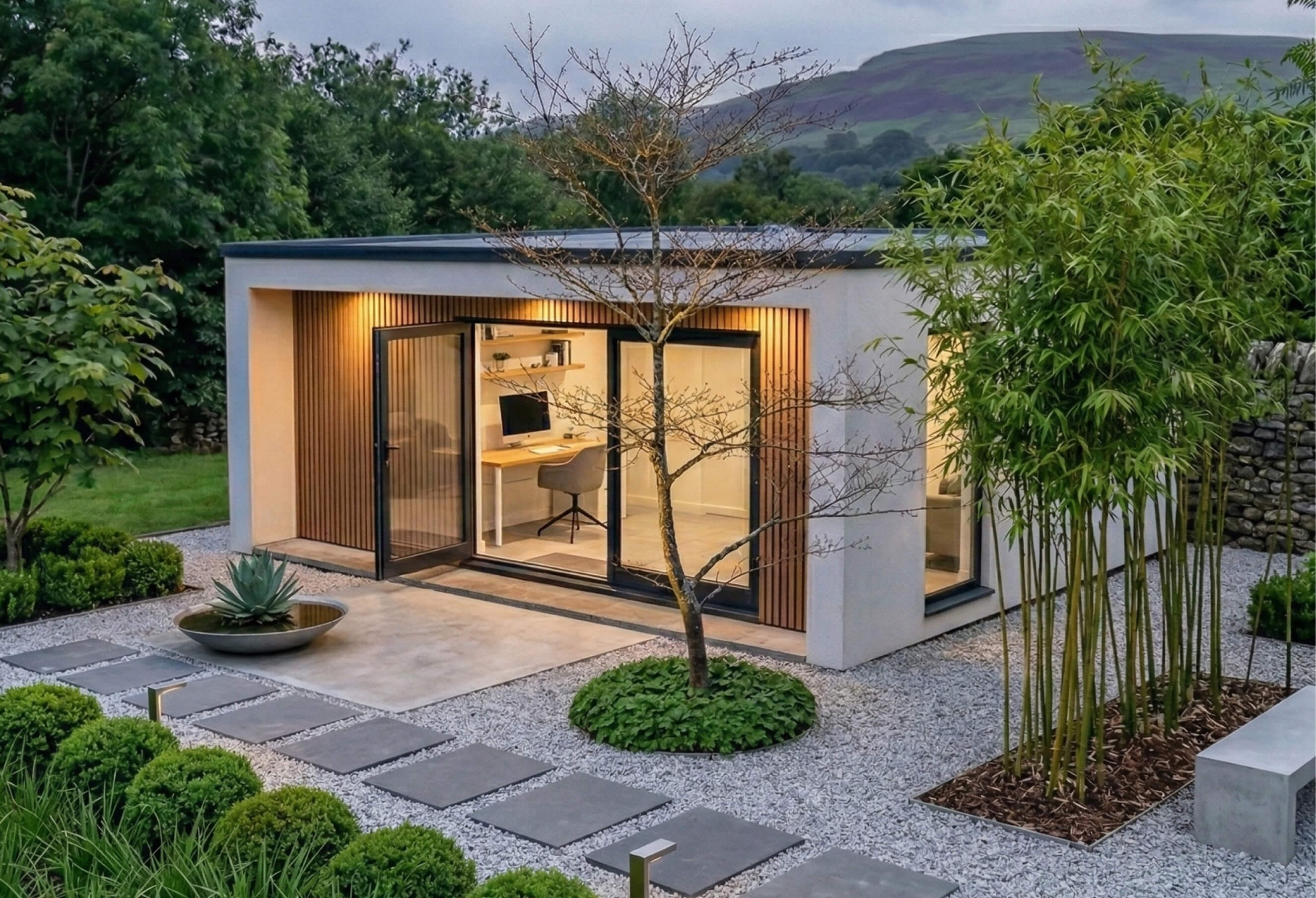 Modern garden room with timber cladding and glazing